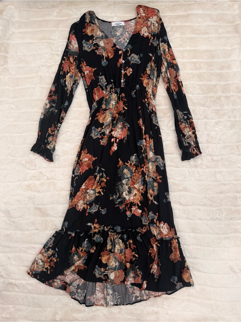 Carly Jean Los Angeles Jasmine Maxi Dress -Black Floral- LARGE